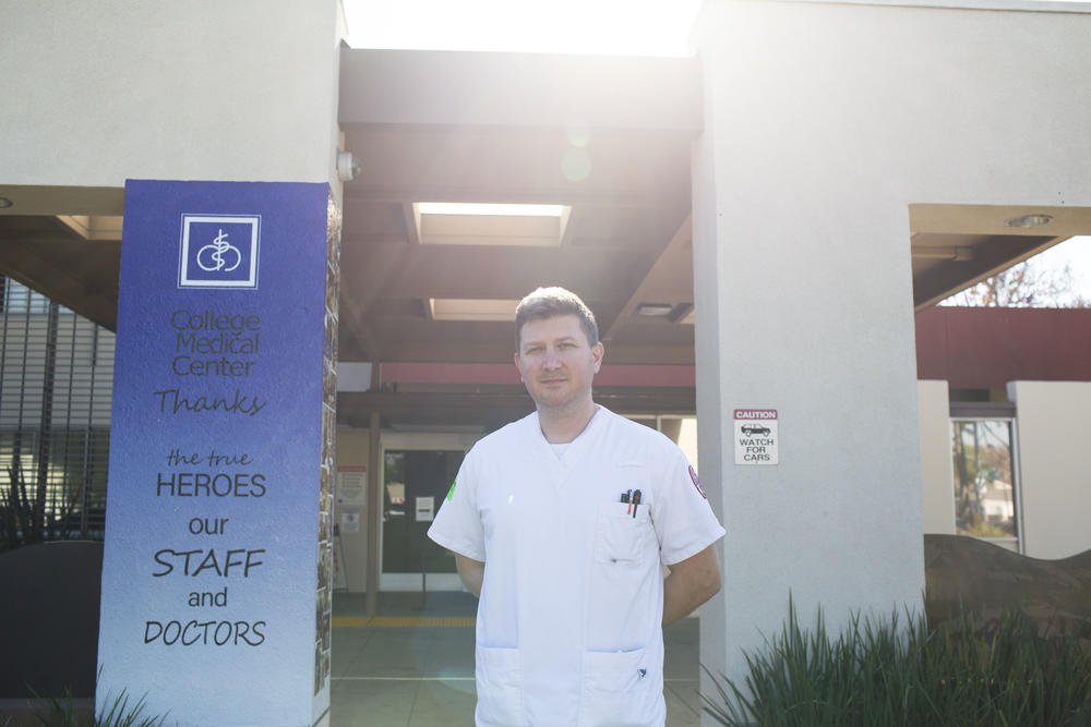 Sergey Bystrov, a student nurse, outside the College Medical Center in Long Beach. The program at Long Beach City College had more than 1,200 applicants this fall and accepted only 32 of them.