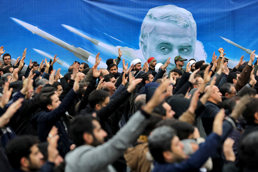 Protesters demonstrate on Jan. 4 in Tehran over the U.S. airstrike in Iraq that killed Iranian Revolutionary Guard Gen. Qassem Soleimani a day earlier.