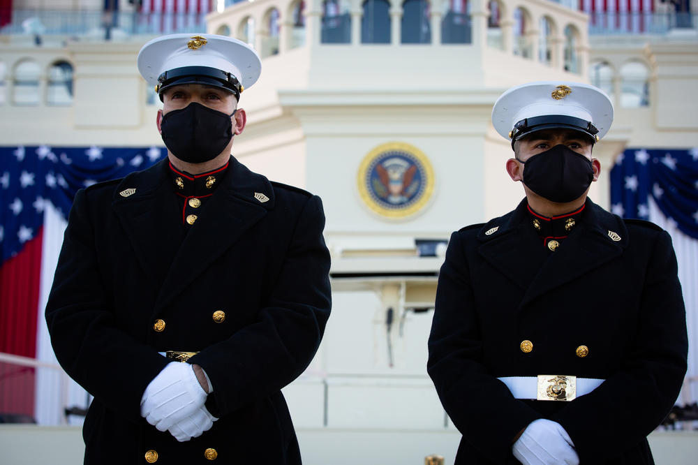 U.S. Marines stand outside the Capitol building on Inauguration Day.
