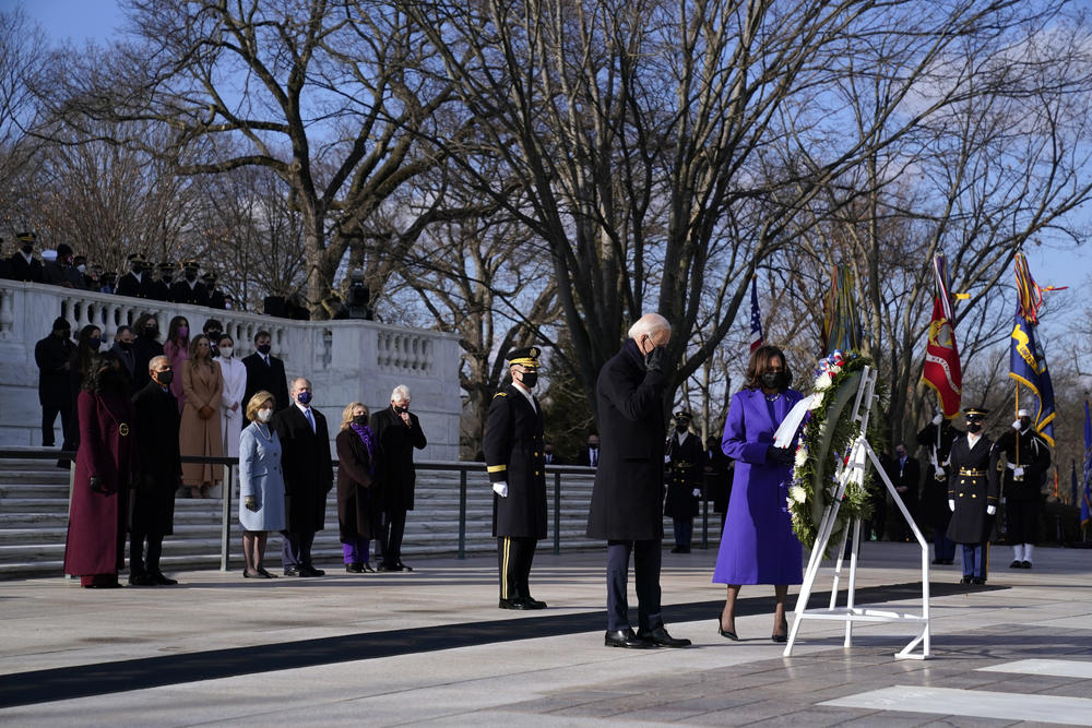 Biden and Harris participate in a wreath laying ceremony at the Tomb of the Unknown Soldier at Arlington National Cemetery in Arlington, Va. Former President Barack Obama and his wife Michelle, former President George W. Bush and his wife Laura and former President Bill Clinton and his wife former Secretary of State Hillary Clinton look on.