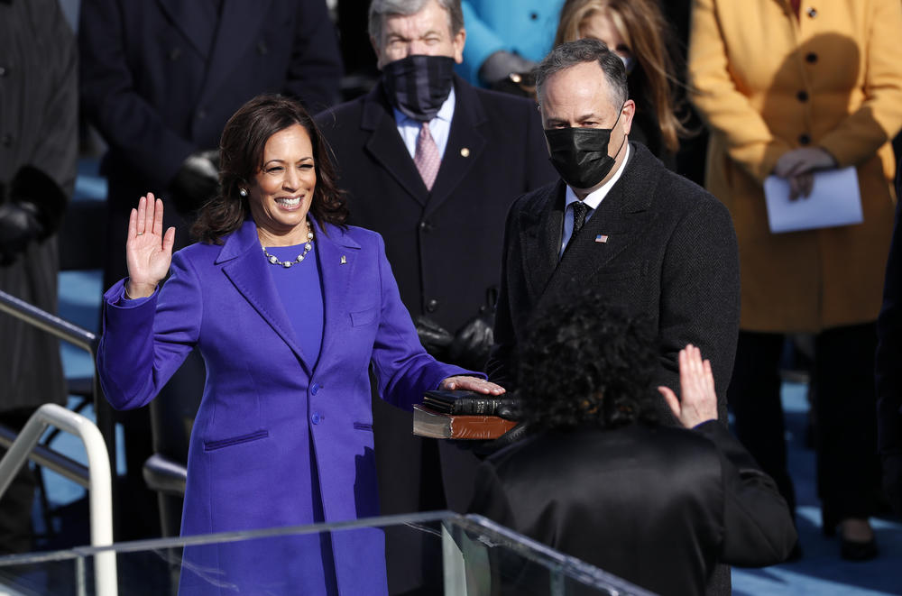 Supreme Court Justice Sonia Sotomayor administers the oath of office to Vice President-elect Kamala Harris.