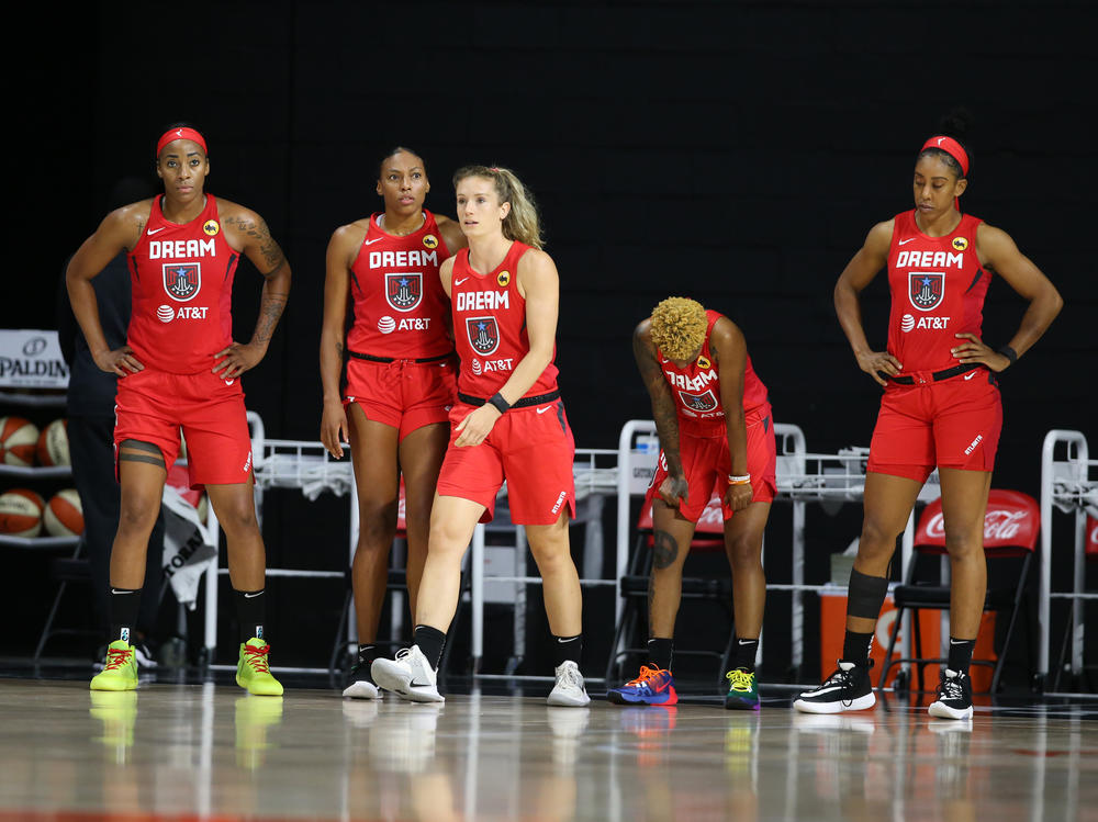 The Atlanta Dream team walks onto the court during the game against the Indiana Fever on August 2, 2020 at Feld Entertainment Center in Palmetto, Florida.