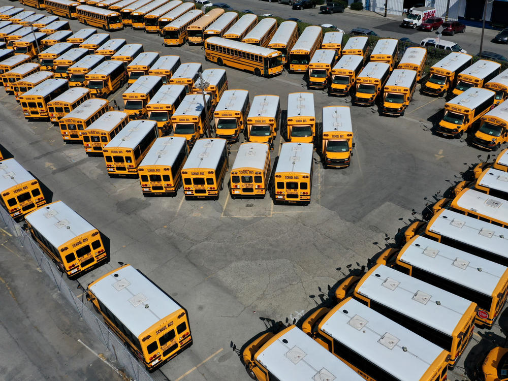 Empty school buses sit in a lot in San Francisco, July 2020. San Francisco Mayor London Breed supported the city attorney's decision to sue the school district. He believes students need to get back into schools.