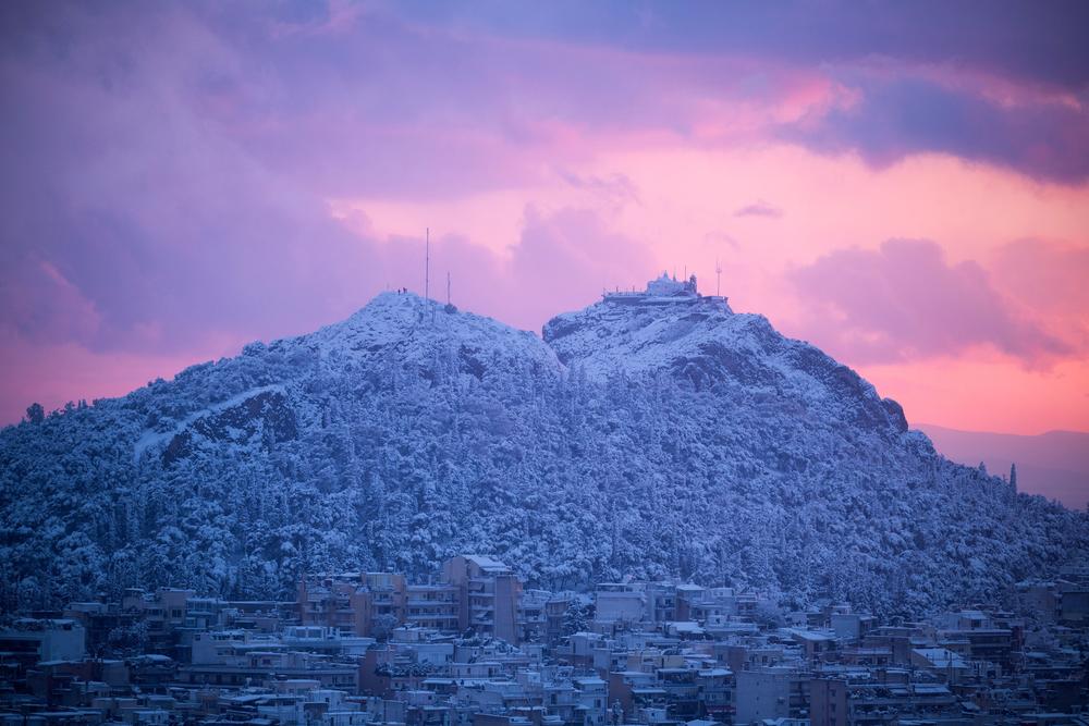 The hill of Lycabettus during a rare heavy snowfall in the city of Athens on Tuesday.