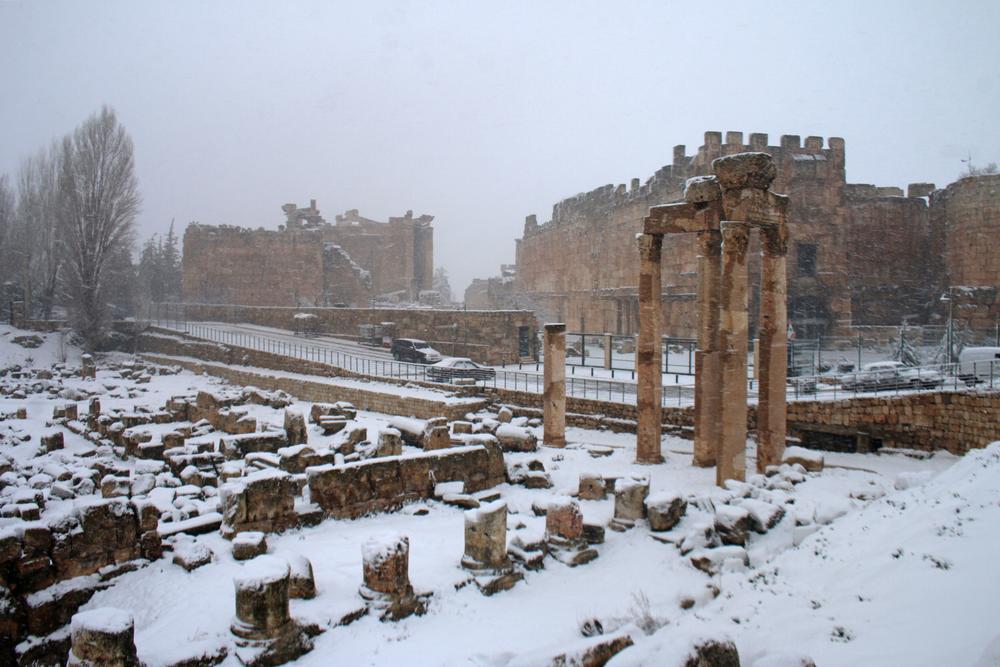 The archaeological site of Baalbek is covered with snow in the eastern Lebanese Bekaa Valley, on Wednesday.