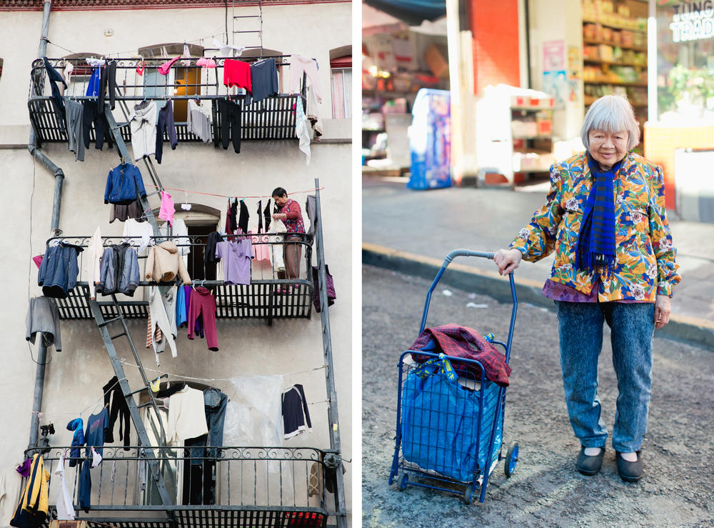 Left: Clothes dry on fire escapes in San Francisco's Chinatown. Right: 88-year-old Shi Ping Tang says all of her clothes are gifted. 