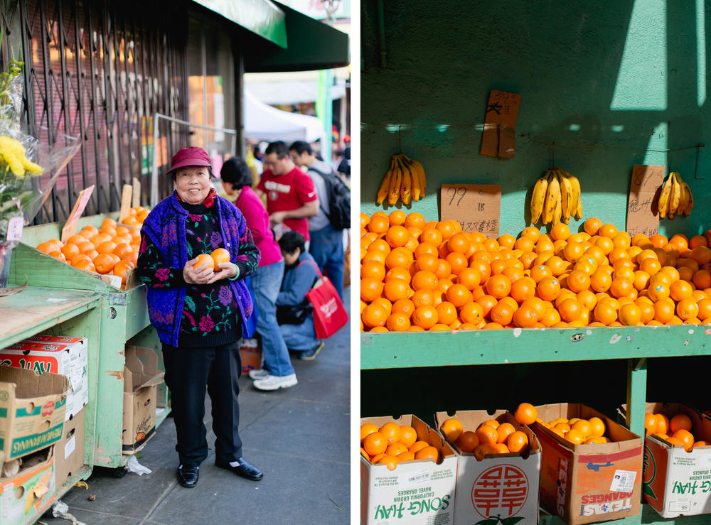 Yu Tom, 84, shops for oranges on the weekend before Lunar New Year in 2014 wearing layers of purple knitted sweaters. This was one of her first outings after her husband's passing. 