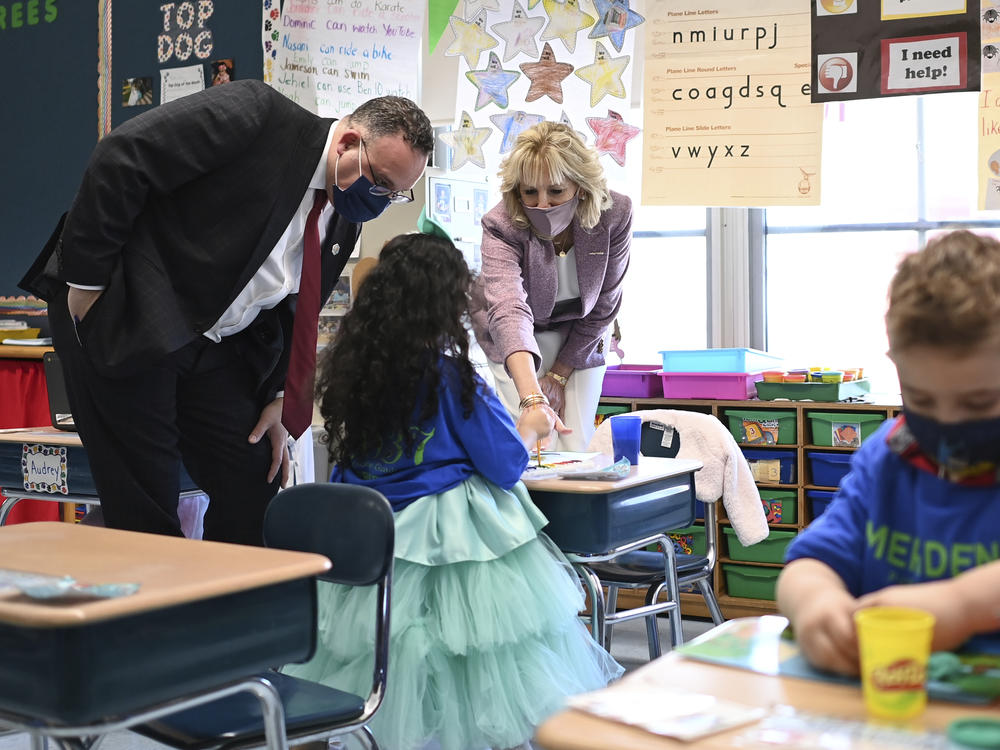First lady Jill Biden and Education Secretary Miguel Cardona tour Benjamin Franklin Elementary School in Meriden, Conn.