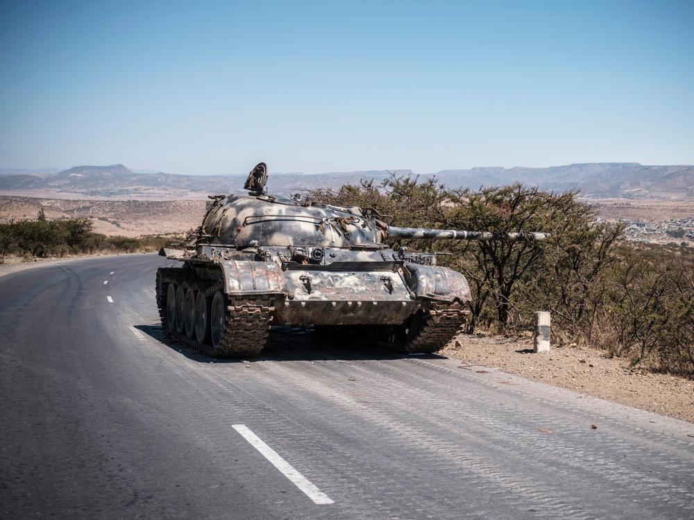 A damaged tank stands on a road north of Mekelle, the capital of Tigray, last month.