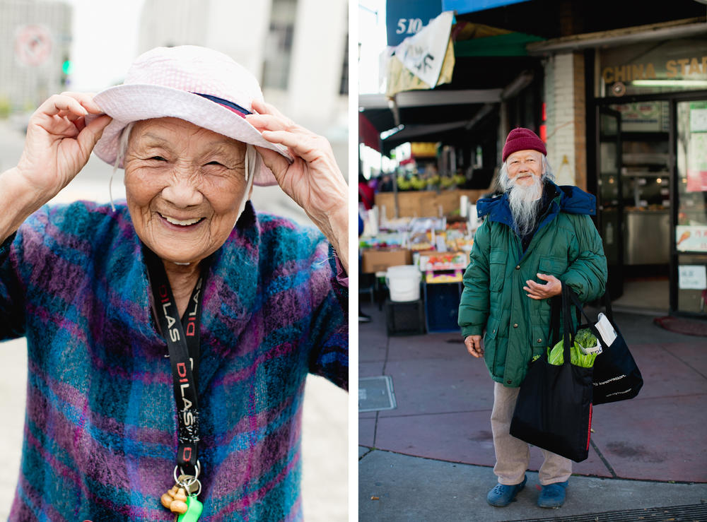 Left: Leung Tai Shen, 92, wears a whistle and two gourd charms on her lanyard for protection. In Chinese culture, gourds are believed to keep away bad spirits and illness. Right: Sidney Yuen, 77, worked as a butcher all over the world — in Hong Kong, Hawaii and Oakland's own Berkeley Bowl Marketplace, where he spent 36 years before retiring.