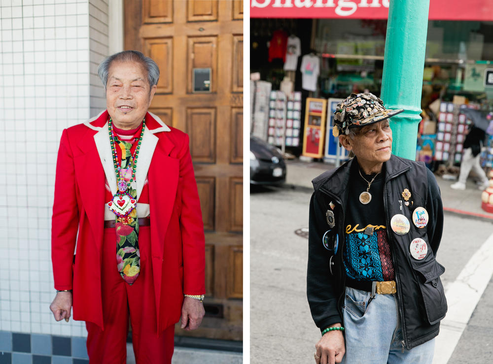 Left: 89-year-old You Tian Wu poses outside of a dim sum restaurant on Broadway in San Francisco. 