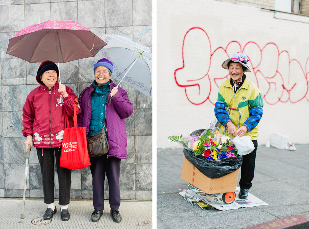 Left: Guo Yu Lan and Pon Fay — best friends who have known each other since elementary school — live in the same residential building in Oakland. Right: Mei Ha Wong, 75, sells flowers when she's not busy taking care of her dad. 