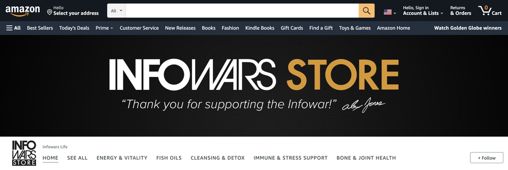 Jones' Infowars Life brand sells dietary supplements through Amazon as a third-party seller. Amazon earns a 