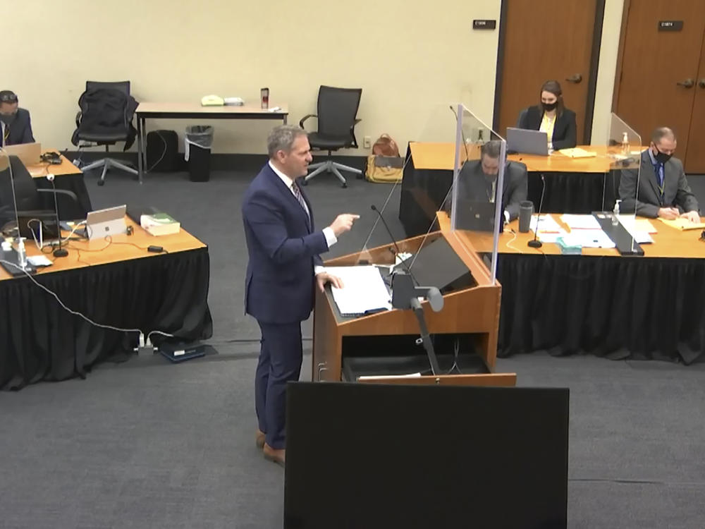 In this screen grab from video, prosecutor Steve Schleicher speaks as Hennepin County Judge Peter Cahill presides over jury selection earlier this month in the trial of former Minneapolis police officer Derek Chauvin in Minneapolis.