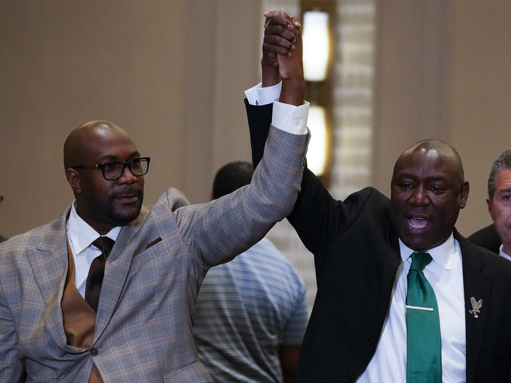 Philonise Floyd (left) and attorney Ben Crump react after a guilty verdict was announced at the trial of former Minneapolis police Officer Derek Chauvin for the murder of Floyd's brother George Floyd