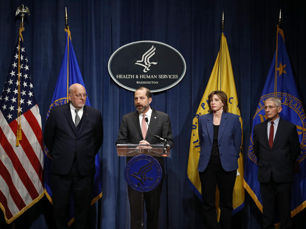 Dr. Nancy Messonnier joins other officials during an early coronavirus briefing in January 2020: Dr. Robert Redfield (left), then CDC director; Alex Azar (center), then Department of Health and Human Services secretary; and Dr. Anthony Fauci.