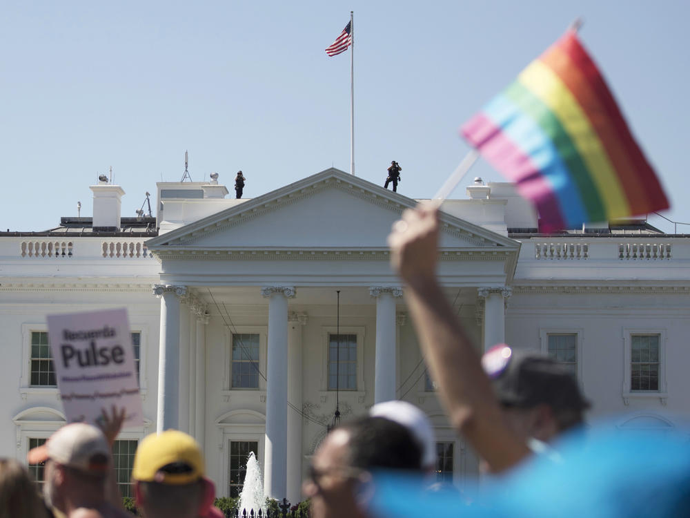 The Biden administration says the government will protect gay and transgender people against sex discrimination in health care. In this 2017 photo, Equality March for Unity and Pride participants march past the White House in Washington.