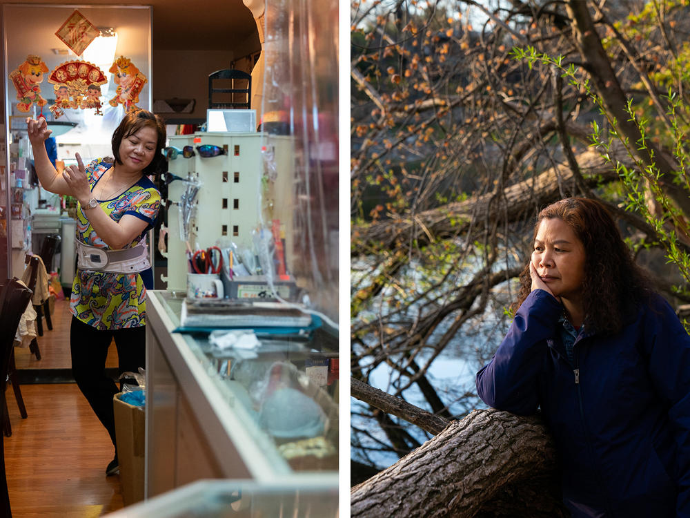 Left: Lisa Lai, 65, dances during breaks in the shop in Philadelphia. Right: Liang Runling, 56, stands for a portrait at Jamaica Pond, Brookline, Mass.