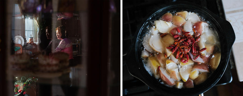 Left: Lai works in the kitchen Right: Lai gets a sore throat easily as a result of throat surgery decades ago. Here, she makes pear stew with rock sugar, which helps to heal her throat at times.