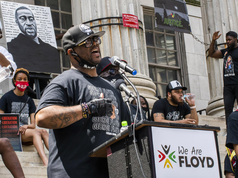 Terrence Floyd, brother of George Floyd, speaks during a rally on Sunday, in Brooklyn borough of New York.