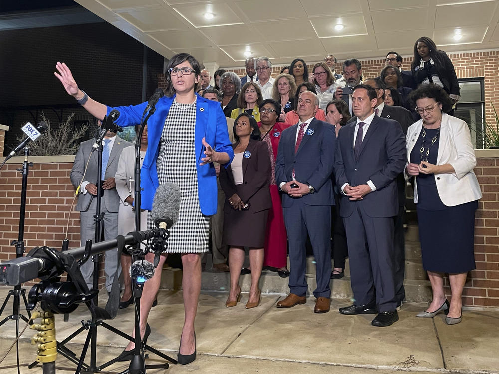 Texas state Rep. Jessica González speaks during a news conference early Monday in Austin after House Democrats pulled off a dramatic, last-ditch walkout in the state Legislature and blocked one of the most restrictive voting bills in the U.S. from passing.