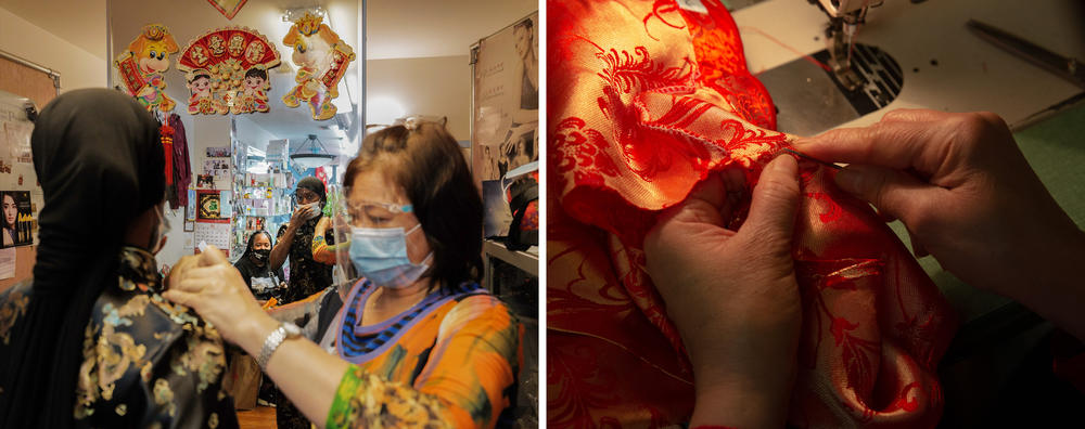 Lisa Lai founded Dia Boutique, a shop in Philadelphia's Chinatown that sells cheongsams and provides alteration services. Left: Lai twists a button on the cheongsam for a customer. Right: Lai sews a dress by hand. 