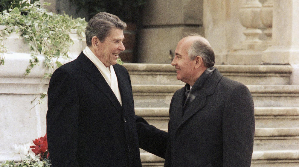 President Ronald Reagan (left) and Mikhail Gorbachev of the Soviet Union talk at Versoix near Geneva on Nov. 19, 1985.