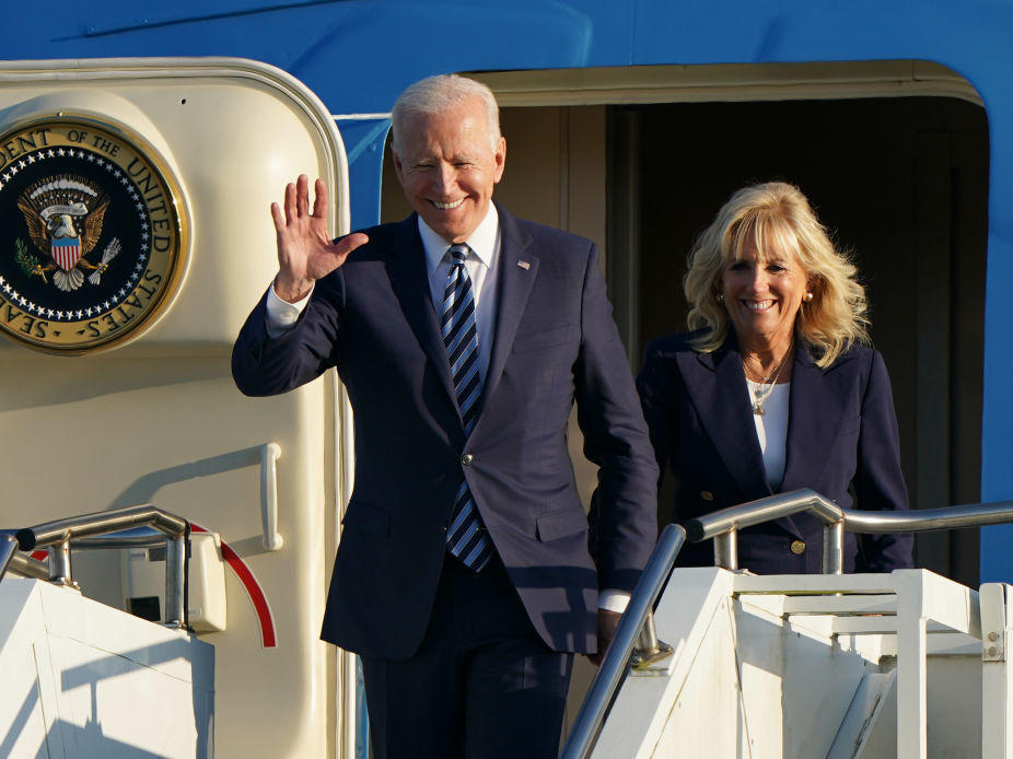 President Biden and first lady Jill Biden arrive on Air Force One at RAF Mildenhall in Suffolk on June 9 ahead of a series of summits and meetings in Europe.