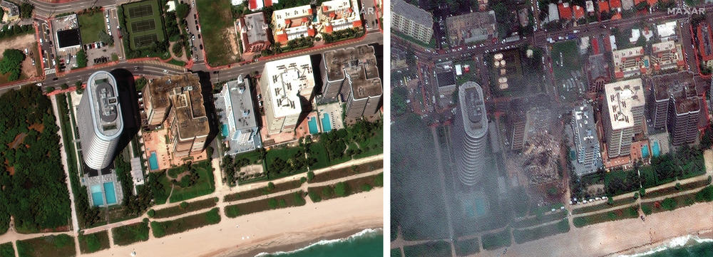 Before and after a 12-story beachfront condo building collapsed in the Surfside area of Miami