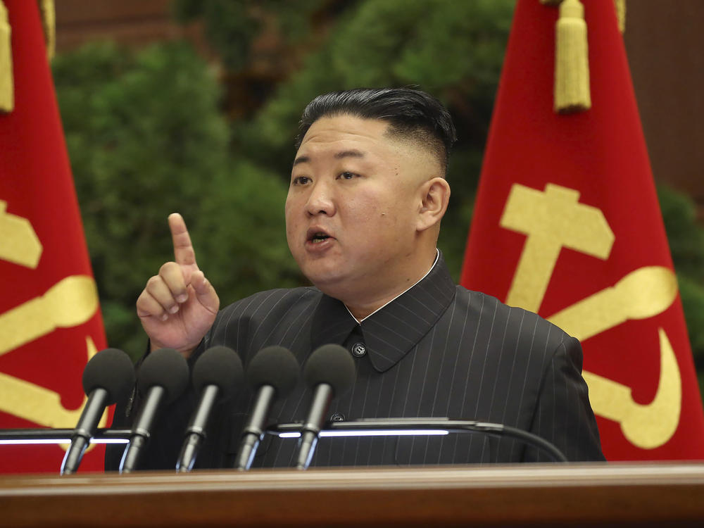 North Korean leader Kim Jong Un speaks during a Politburo meeting of the ruling Workers' Party on Tuesday in Pyongyang.
