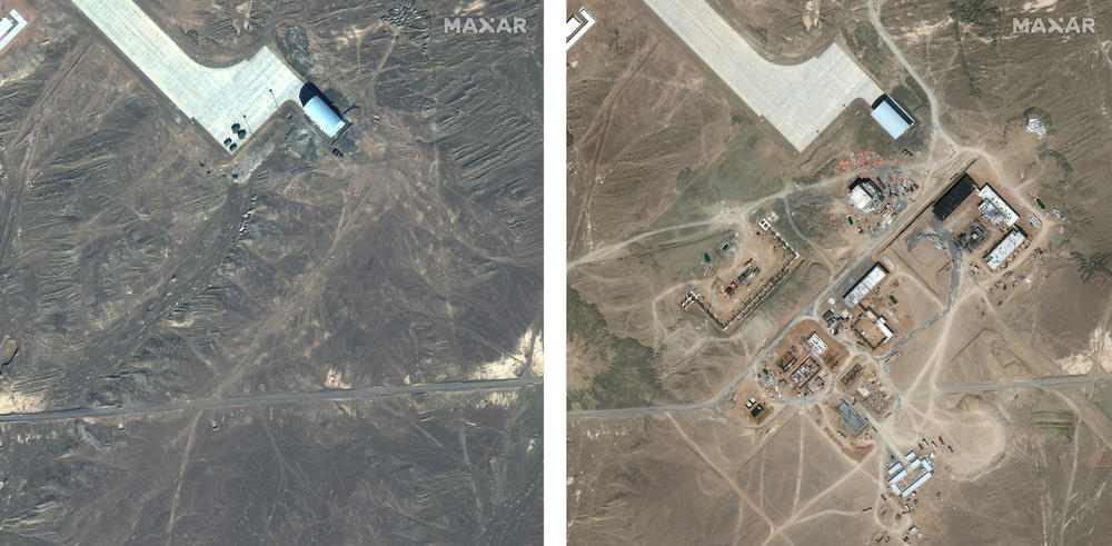 Satellite images from February of 2020 (left) and June 28, 2021 (right) show the new construction.