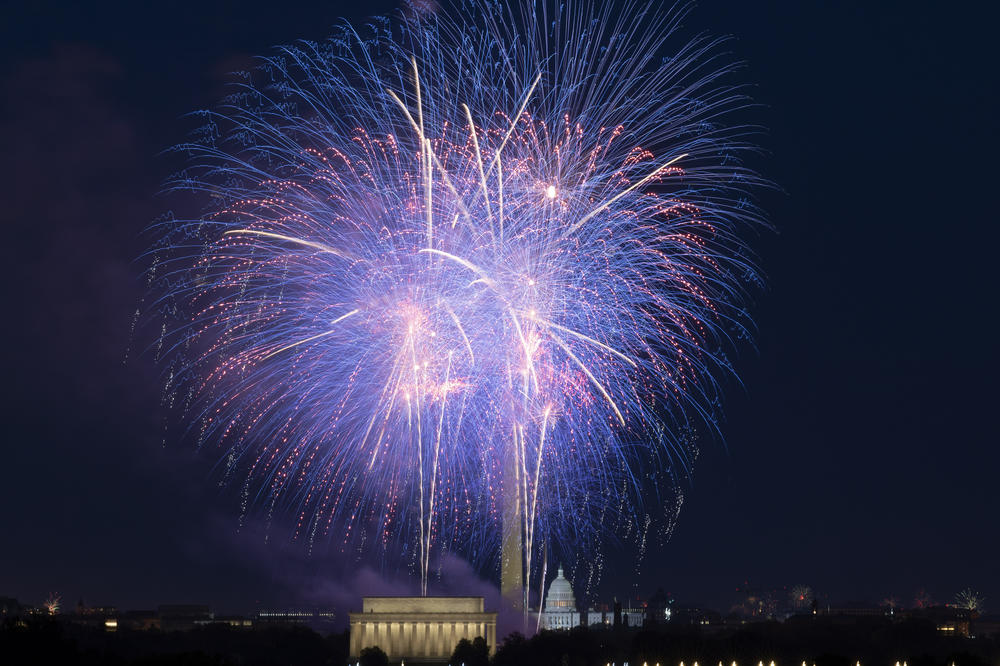 Fireworks explode over the Lincoln Memorial, Washington Monument and U.S. Capitol, at the National Mall, during the Independence Day celebrations, in Washington, D.C. on Sunday.