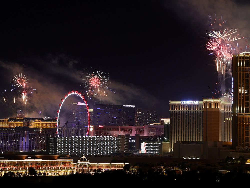 Fireworks by Grucci light up the sky above resorts on the Las Vegas Strip in a Fourth of July celebration on July 4 in Las Vegas, Nevada. The Las Vegas Convention and Visitors Authority presented a themed, coordinated fireworks show from eight hotel-casinos on Independence Day for the first time to show that the 