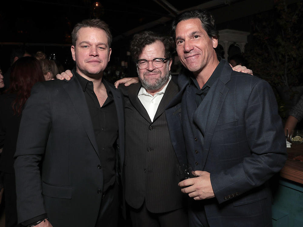 Lawyer Mathew Rosengart (right), with actor Matt Damon and Kenneth Lonergan at a party in Los Angeles in 2016 in Los Angeles, California.