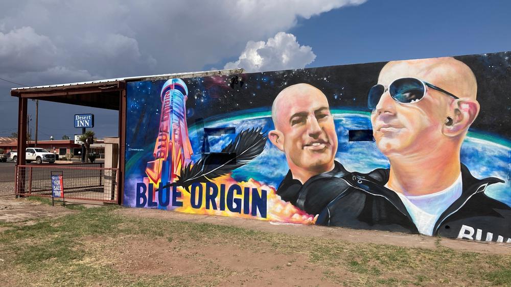 A mural of Blue Origin founder Jeff Bezos adorns the side of a building in Van Horn, Texas, over the weekend. Bezos launched into space Tuesday morning from Blue Origin's facilities in the town.