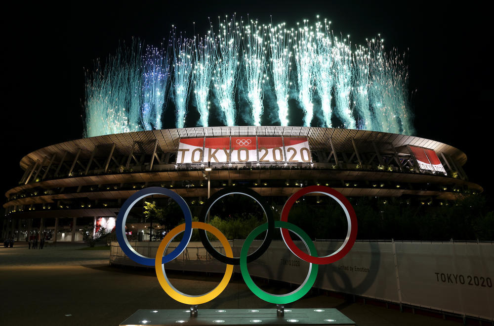 A view from outside the Olympic Stadium offers a fireworks showcase.