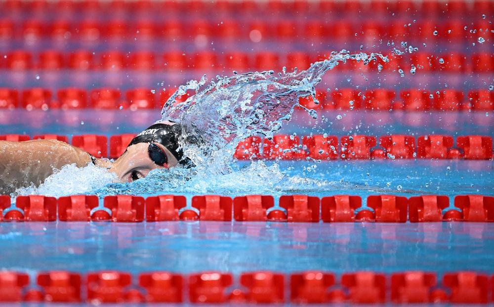 U.S.'s Kathleen Ledecky competes in the final of the women's 1500m freestyle swimming event on July 28, 2021. Ledecky finished in first place, forming a 1-2 with Erica Sullivan for the U.S.