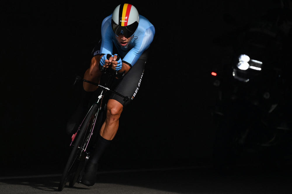 Belgium's Wout van Aert competes in the men's cycling road individual time trial on July 28, 2021.