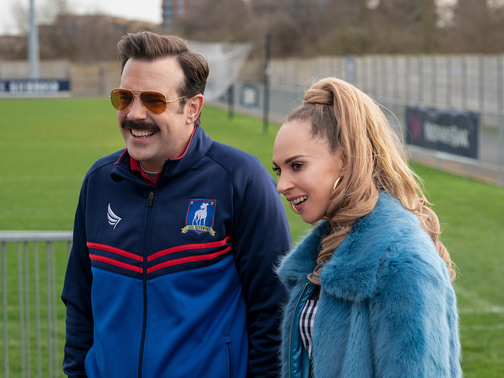 Jason Sudeikis and Juno Temple as Ted and Keeley in <em>Ted Lasso</em>.