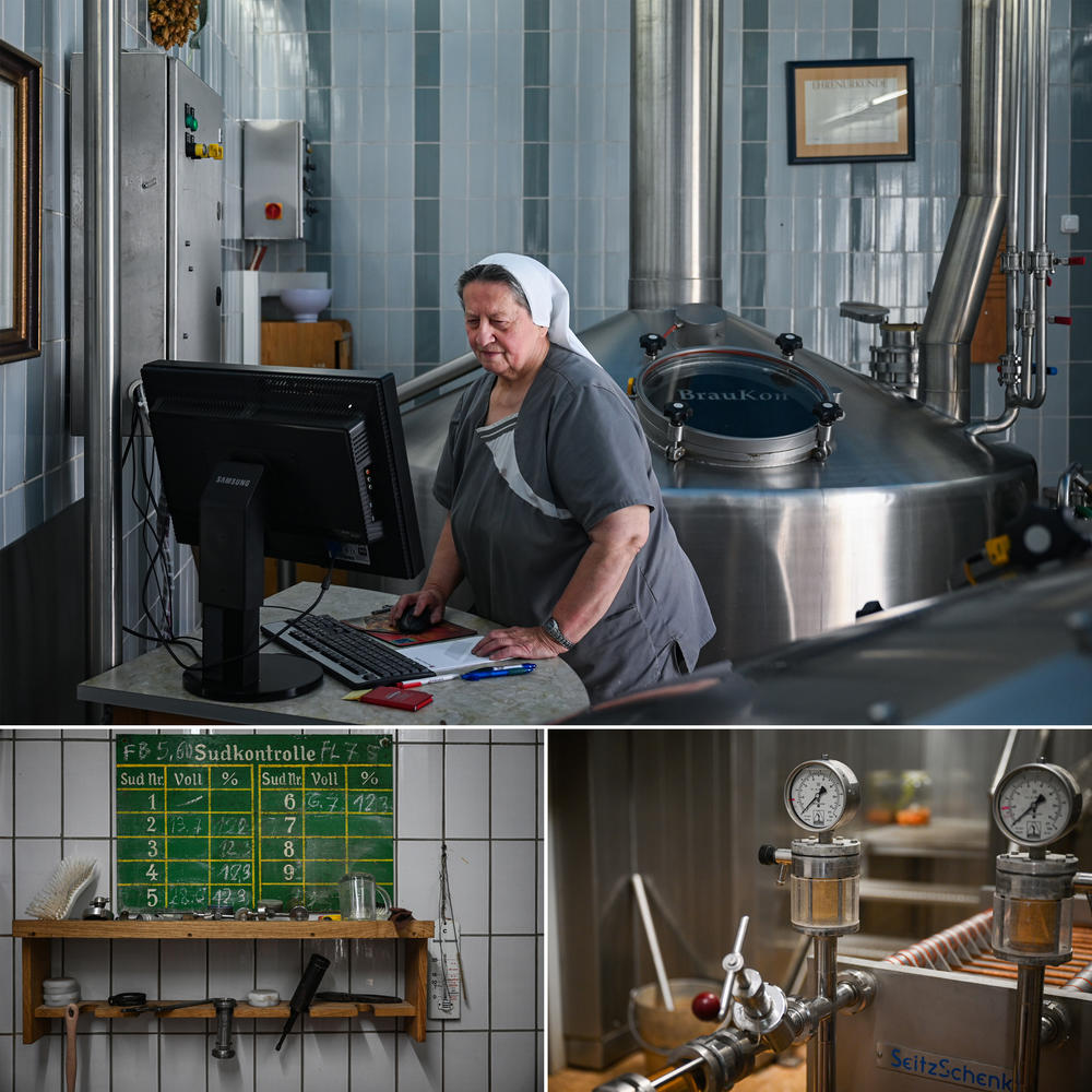 Top: Sister Doris in the brewhouse. Together with one employee the nun runs the small cloister brewery in Mallersdorf. Bottom: Work utensils (left) and pressure gauges in the brewery.