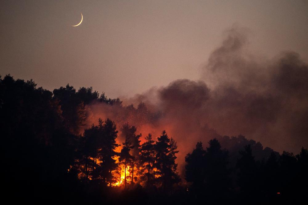A forest fire in the village of Gouves on Evia (Euboea) island, on August 10, 2021. Nearly 900 firefighters, reinforced overnight with fresh arrivals from abroad, were deployed on the country's second largest island as major towns and resorts remained under threat from a fire that has been burning for eight days.