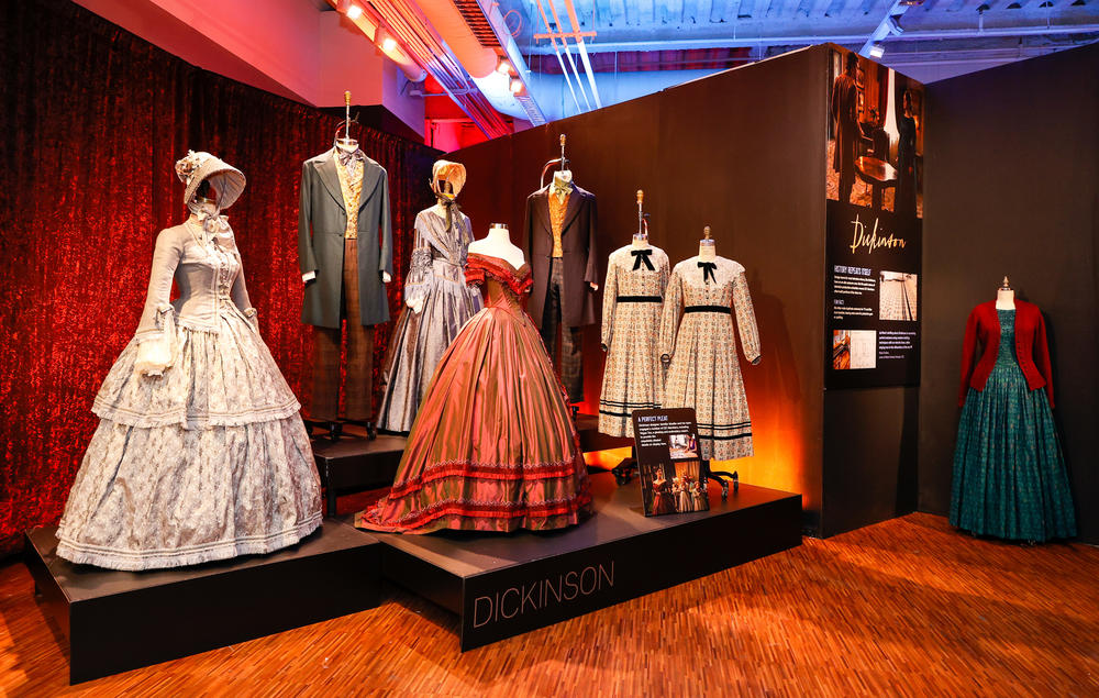 Jennifer Moeller's hoop dresses from the television series <em>Dickinson </em>are among the costumes on display at the <em>Showstoppers! </em>exhibition in New York City.