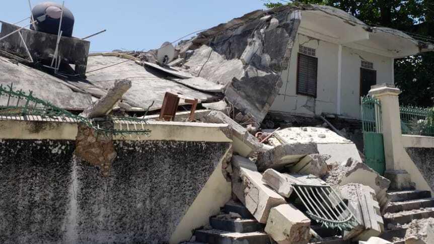 The residence of the Catholic bishop is damaged after an earthquake in Les Cayes.