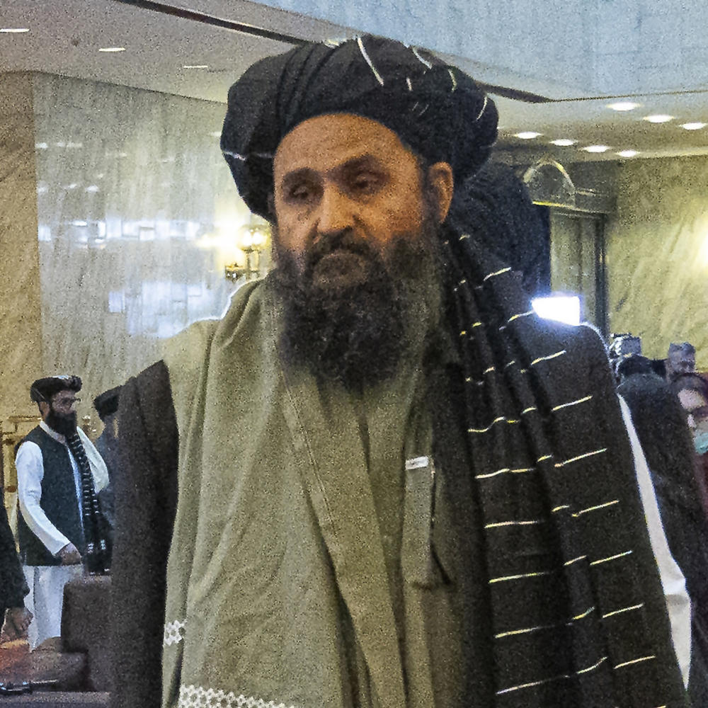 Taliban co-founder Mullah Abdul Ghani Baradar, the arrives with other members of the Taliban delegation for an international peace conference in Moscow, in March.