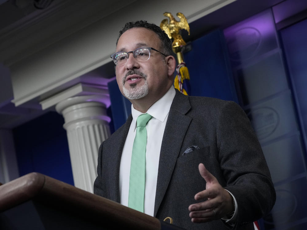 U.S. Education Secretary Miguel Cardona speaks at a March briefing at the White House.