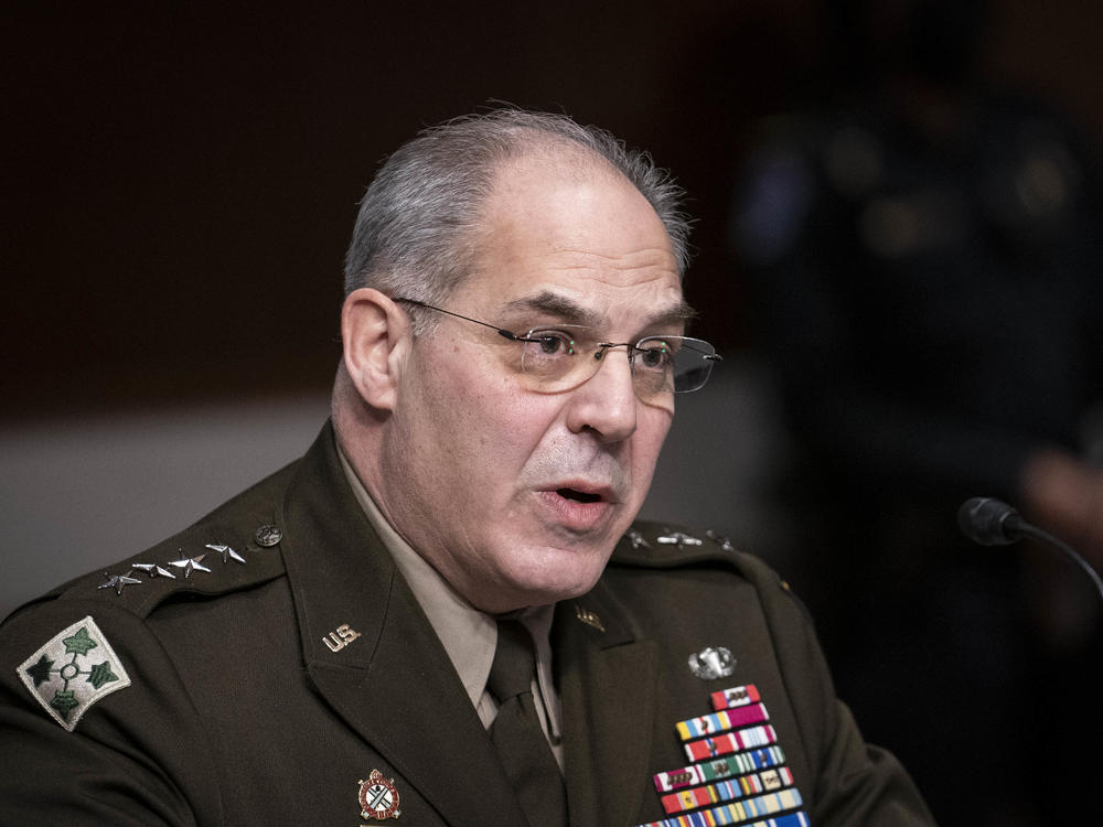 Gen. Gustave Perna speaks at a Senate committee hearing in February. Perna took personal responsibility for miscommunication about the supply of COVID-19 vaccine doses at a press briefing on Dec. 19.