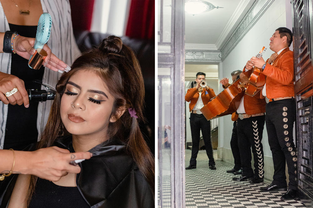 Citlaly Olvera Salazar has her hair and makeup done at her grandfather's home. The Mariachi Aguila y Plata de Aguileo Ramos band plays outside of Antonio Salazar's home.