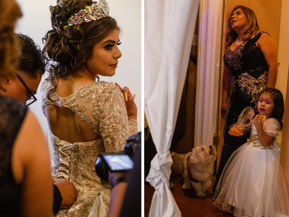 Citlaly Olvera Salazar receives help to put on her gown. Her mother, Miriam Salazar, and her sister, Ariana, wait as the family finish preparations for the party.