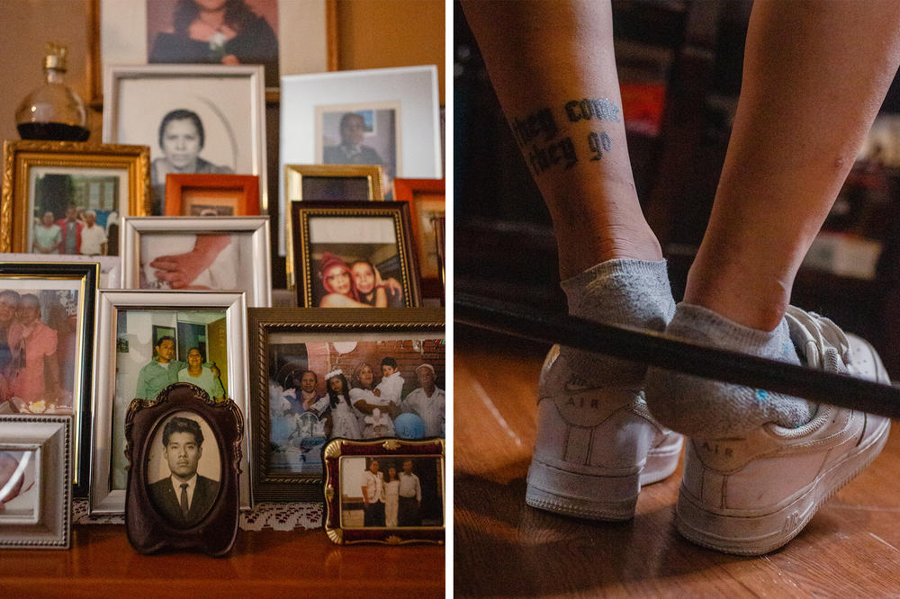 Photographs displayed inside of Antonio Salazar's home. Citaly's   tattoo reads, 