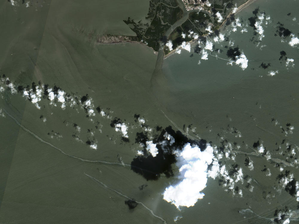 In a satellite image, an oil slick is shown on Sept. 2, south of Port Fourchon, La., following Hurricane Ida.